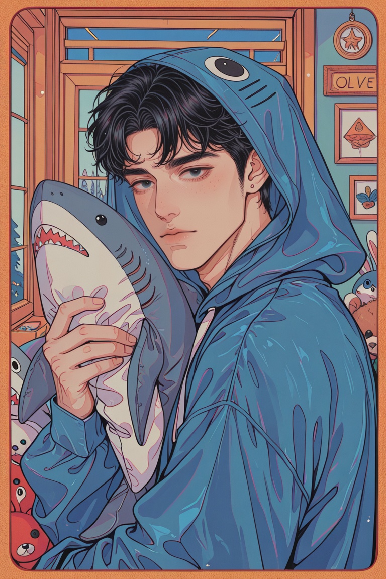 1boy,  indoors,  stuffed shark on Tensor.Art