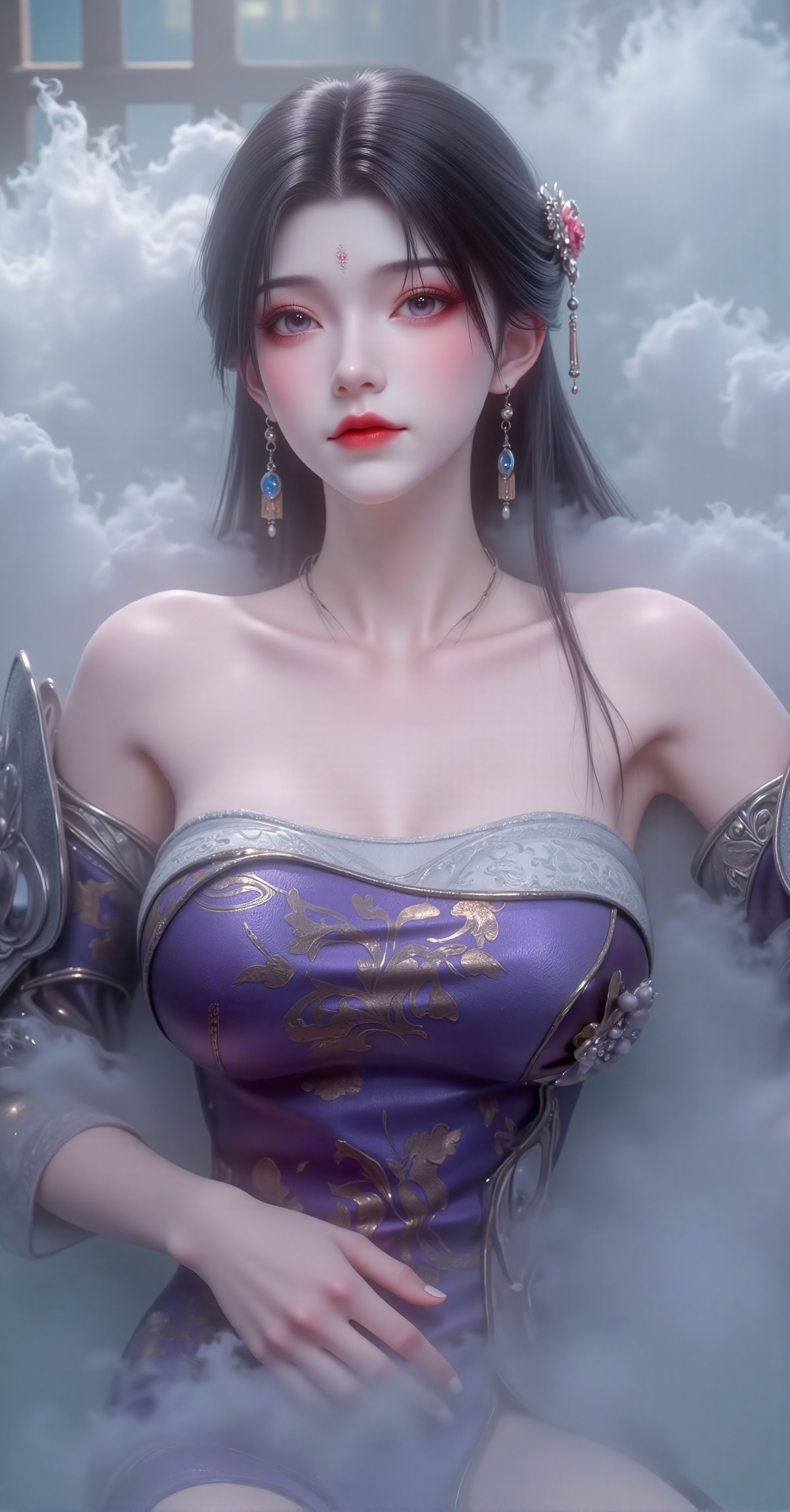 A highly classical East Asian beauty with jade-white skin and exquisite features,  relaxing in a steamy bath,  leaning bac...