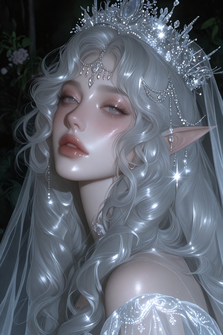 close-up fantasy bridal portrait,  a woman with silver-white curls and luminous smooth skin illuminated against a dark gar...