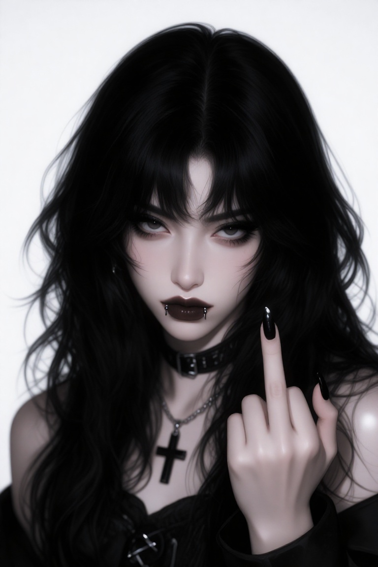 A young woman with wavy black hair and bangs,  wearing heavy black eyeliner and lip piercing,  with a black cross necklace...