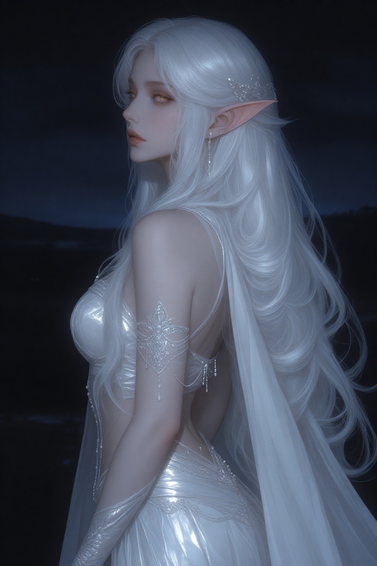 An ethereal elven woman with long,  flowing white hair and pointed ears,  adorned in a shimmering white and silver outfit...