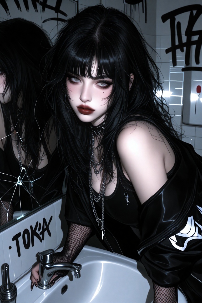 A beautiful young woman with messy black curls and blunt bangs poses inside a grungy bathroom covered in graffiti and crac...