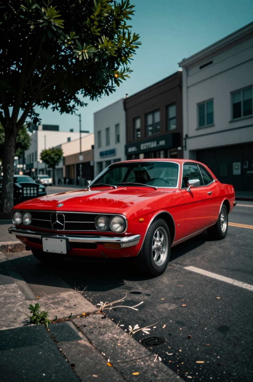 red retro car,  ultra-wide,  low-angle on Tensor.Art