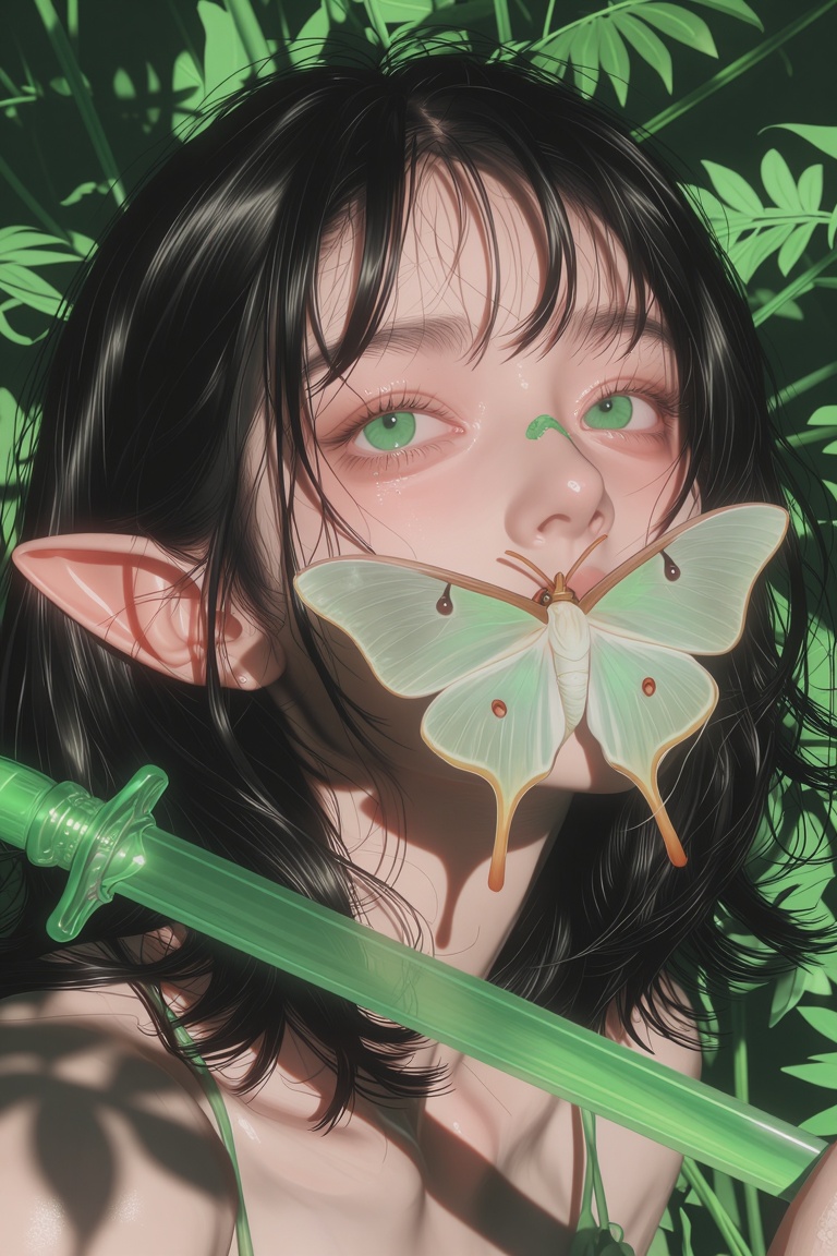 midjourneyanalog13z20 photograph. Close-up of a young female elf with short,  wet black hair,  pointed ears on Tensor.Art