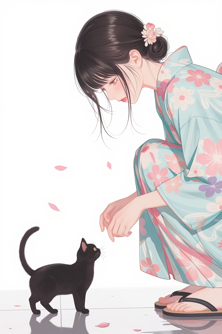 stankatayamaniji6z illustration. Close-up of a young East Asian woman,  shown in side profile,  stooping down on a highly...