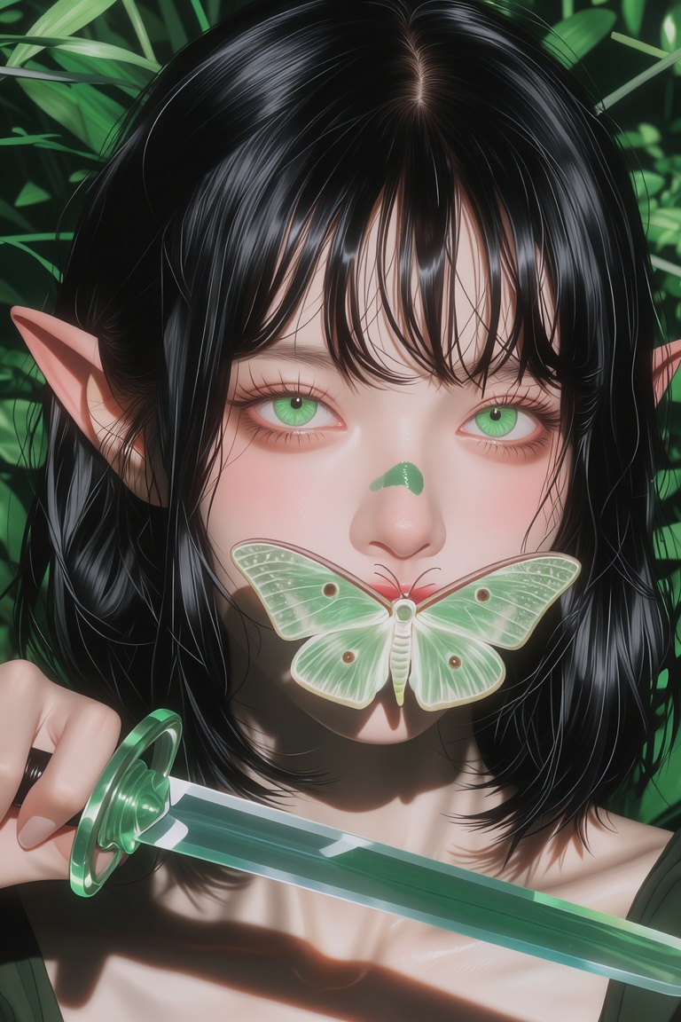 midjourneyanalog13z20 photograph. Close-up of a young female elf with short,  wet black hair,  pointed ears on Tensor.Art