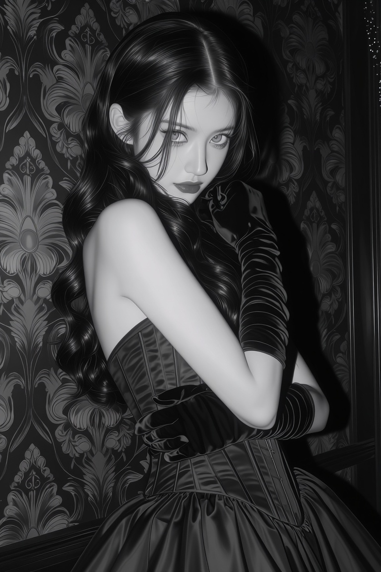 Black-and-white image of a woman with dark hair in a dramatic gothic portrait. She has large,  intense eyes and a serious...