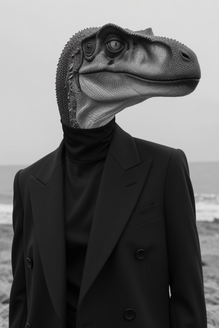Black-and-white portrait of a supermodel dinosaur,  specifically a velociraptor against a soft-focus coastal background. T...