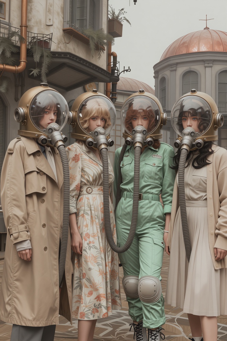 Retro futuristic steampunk scene of four young woman standing side-by-side in a desaturated,  vertical steampunk cityscape...