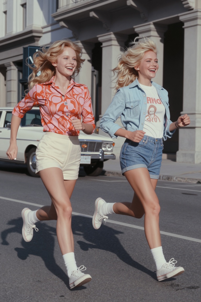 Wide shot at a slightly low angle captures two young 1970s blonde women running across a wide city street with joyful,  la...