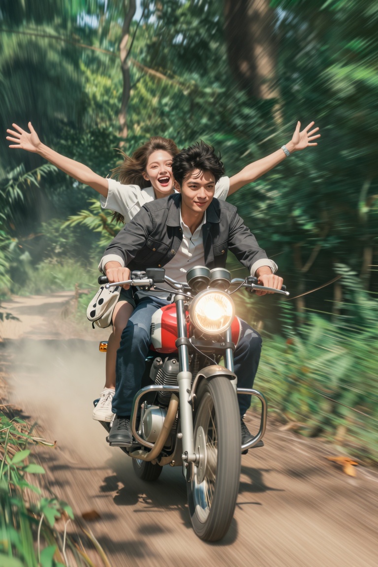 Low-angle,  front-facing tracking shot of a young man and a young woman riding a vintage motorcycle through a dense,  vibr...