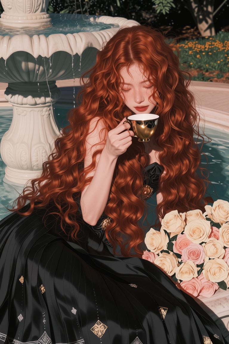 midjourneyanalog13z20 photograph. Long-shot young woman with voluminous,  flowing red hair and freckles. She sits beside a...