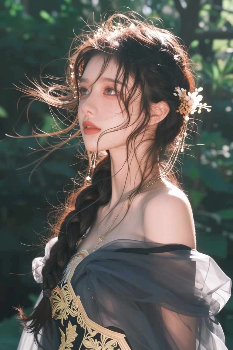 Young East Asian woman shown in 3/4 profile,  standing in a lush,  sun-dappled forest. She has a serene on Tensor.Art