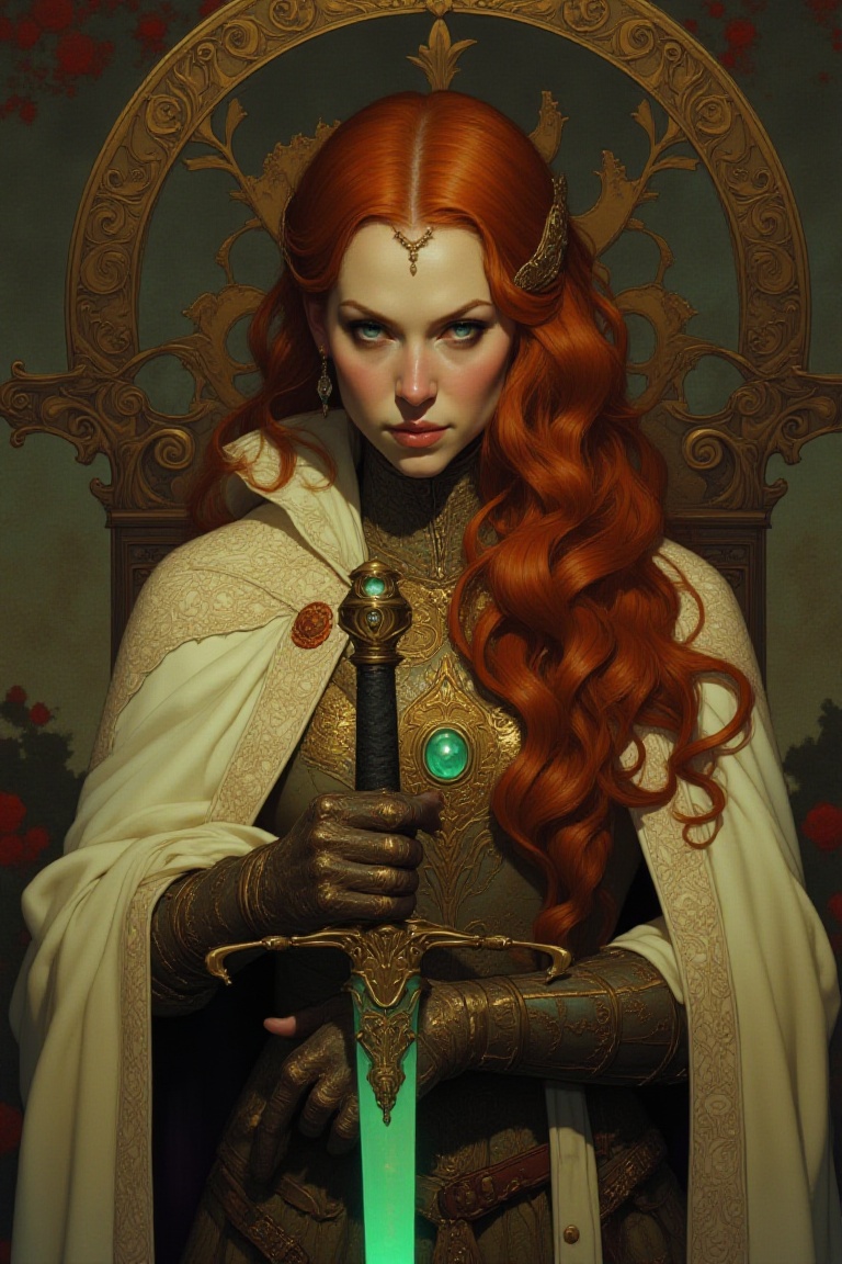 A regal woman with long,  cascading red hair and piercing blue eyes stands in a portrait-like pose,  exuding a stern and c...