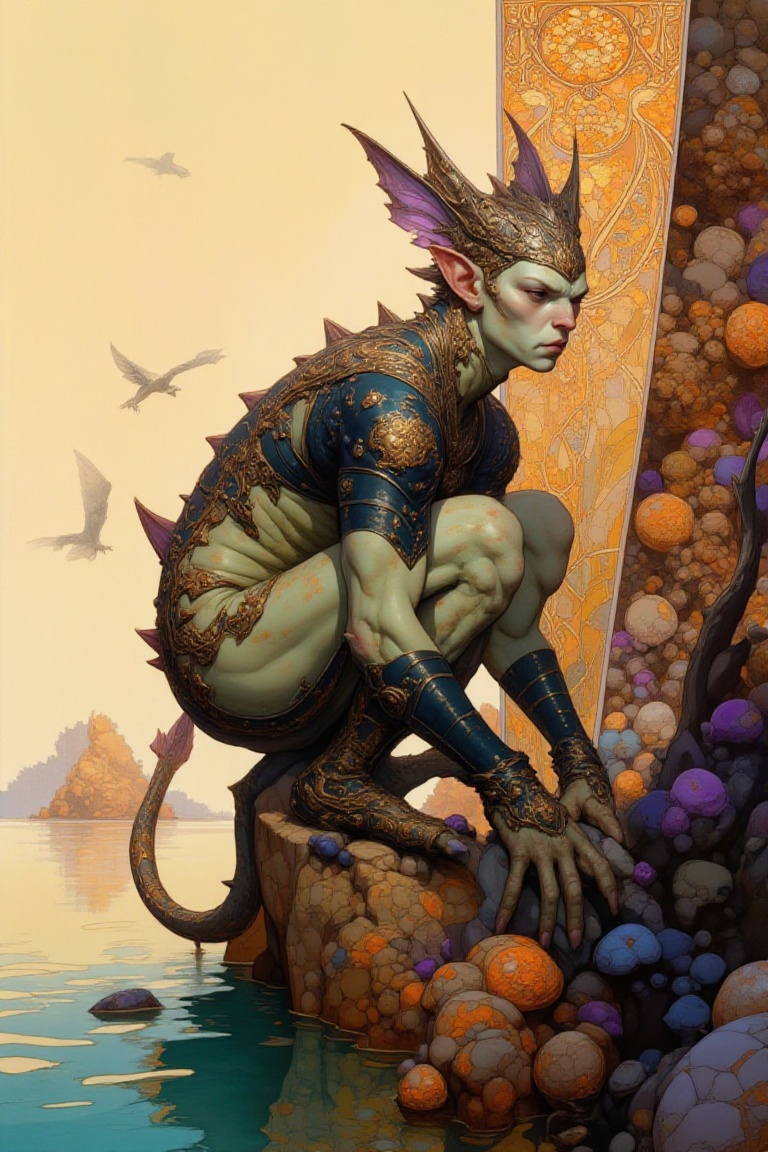 A fantastical,  humanoid creature with dragon-like features crouches atop a textured,  orange-spotted rock beside a calm b...