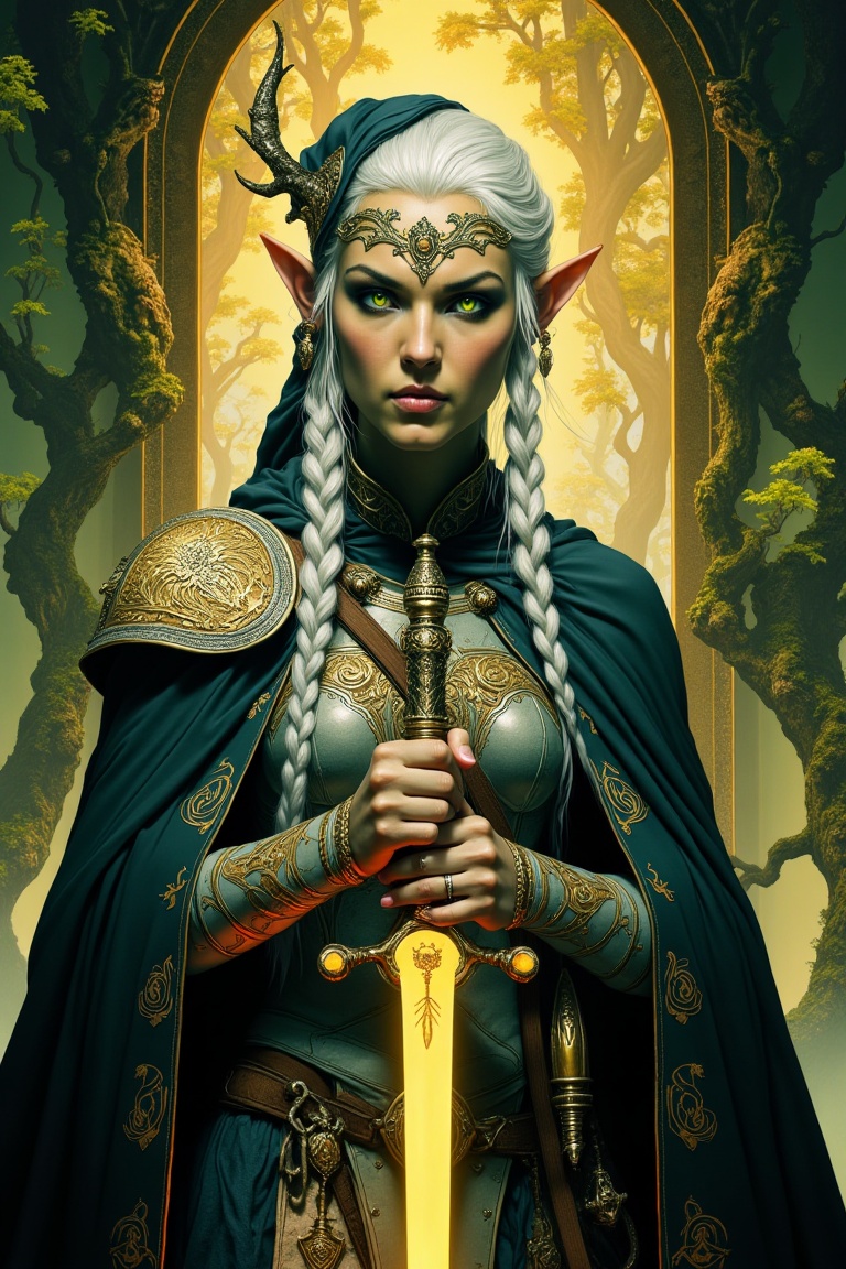 tall elegant elf with angular features and luminous eyes,  long braided silver hair,  ornate elven armor engraved with anc...