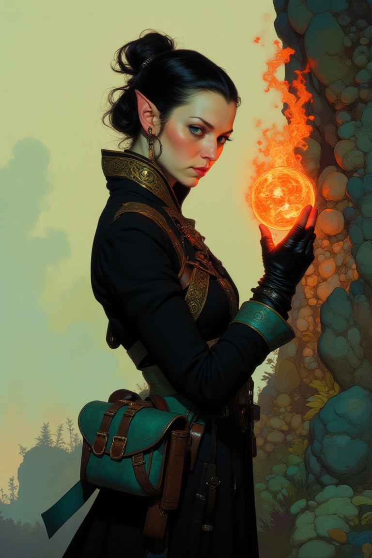 An elven woman with dark hair and pointed ears stands in a profile pose,  looking directly at the viewer with a composed,...
