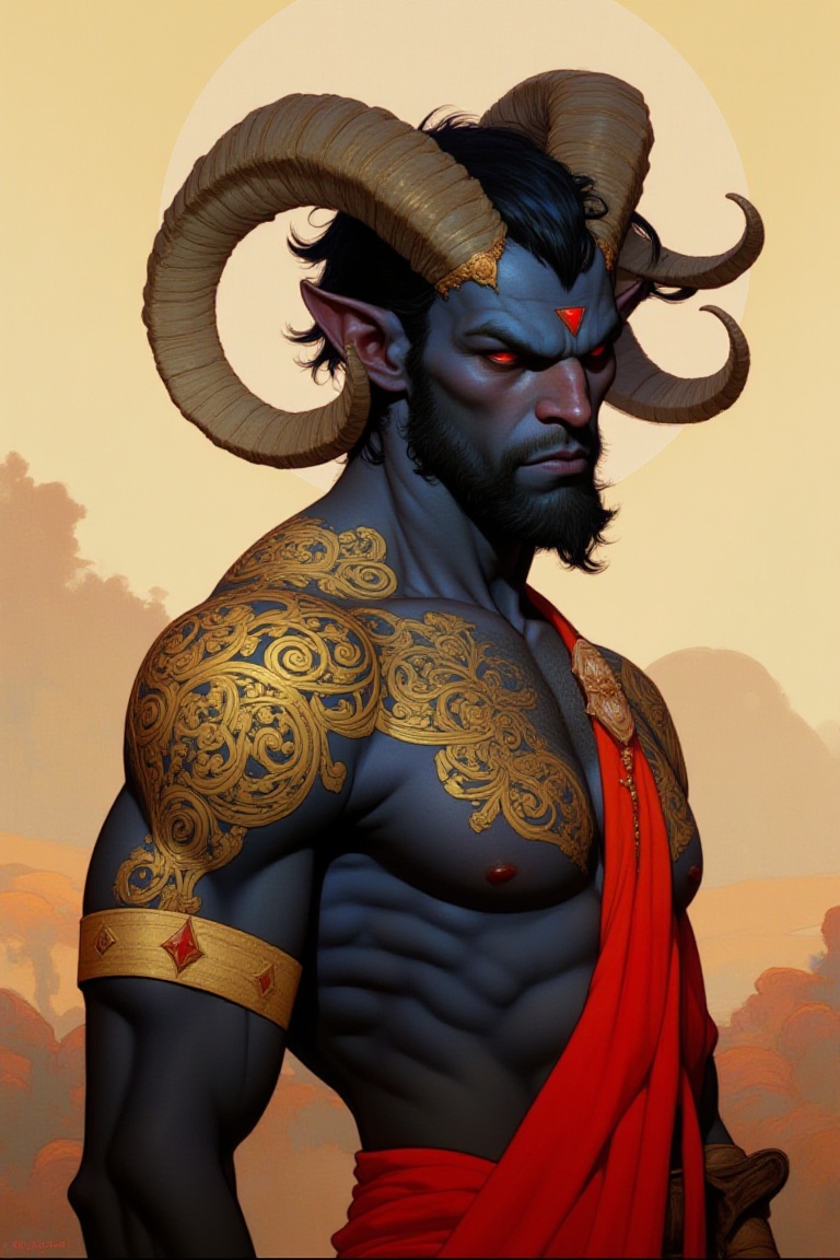 This digital illustration depicts a striking,  humanoid figure with dark blue skin and large,  textured ram-like horns cur...