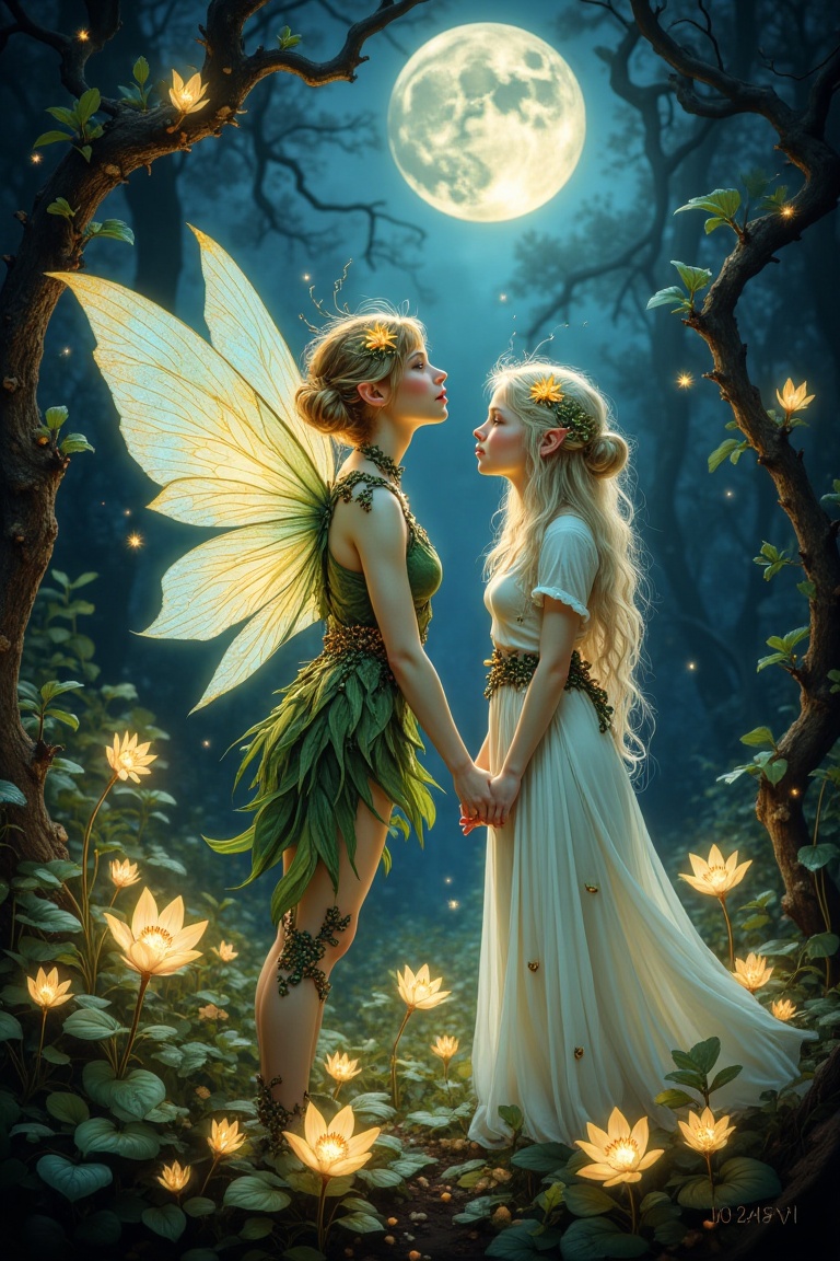 delicate fairyfolk with translucent iridescent wings,  glowing skin dusted with shimmering pollen,  standing in a moonlit...