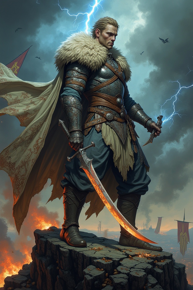 Legendary fantasy warrior clad in weathered steel armor,  fur-lined cloak flowing dynamically in the wind,  gripping a mas...