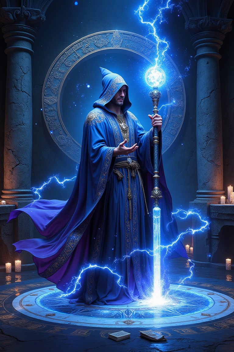 Mysterious archmage with flowing robes embroidered in constellations,  arcane energy swirling around a crystal staff,  sta...