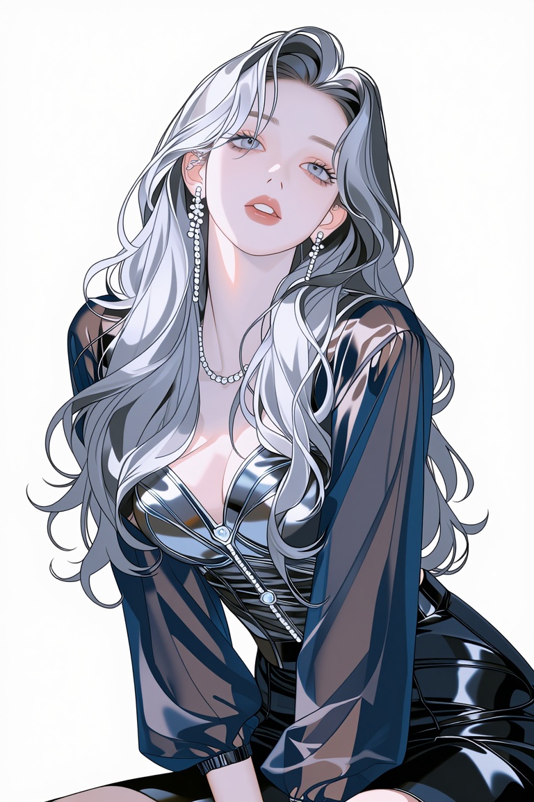 Nyxara,  dressed in a midnight blue transparent mesh open robe over a metallic silver micro-corset with crystal accents,...