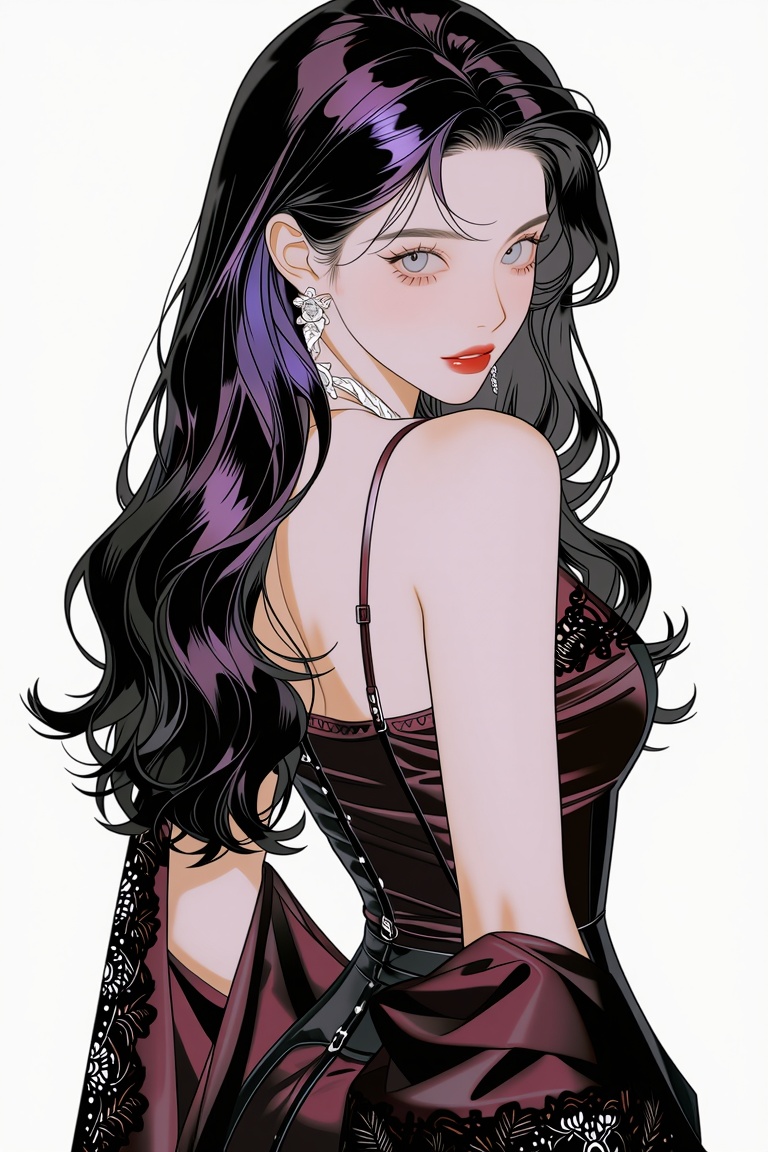 Vesper Quinn,  in a luxurious burgundy and black lace open robe over an extremely tight satin micro-corset with silver det...