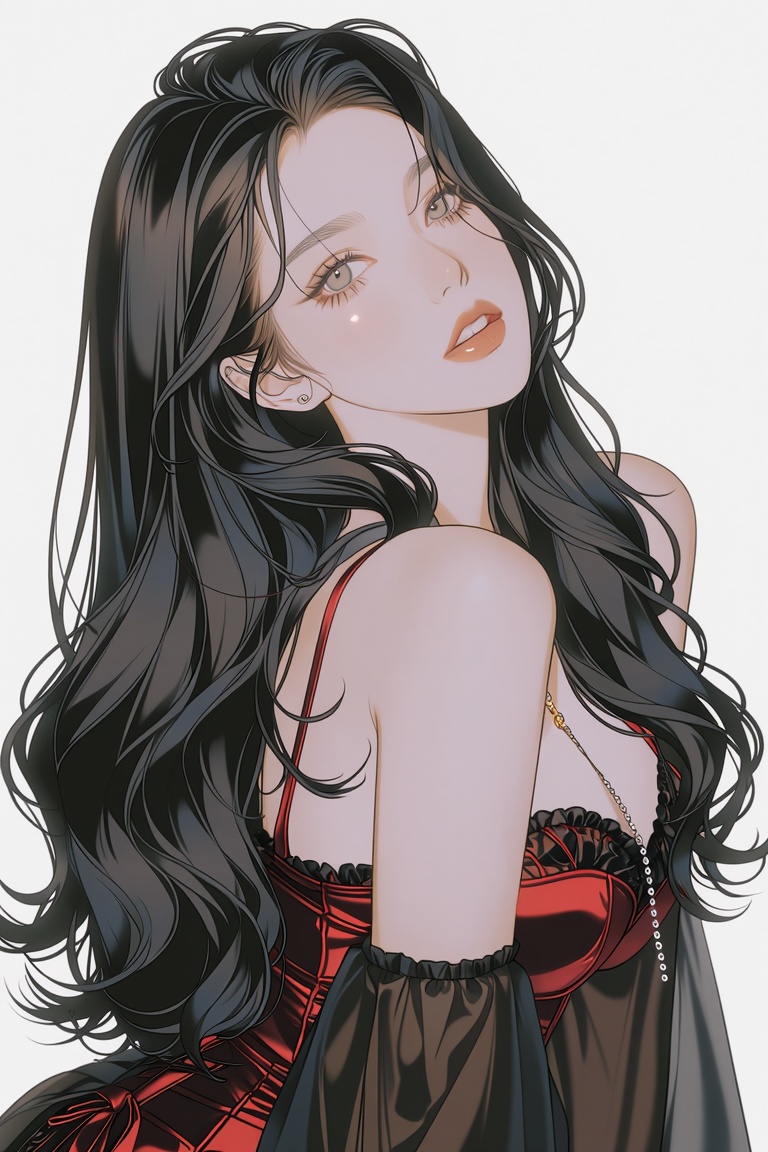 Elyndra,  wearing an extremely revealing sheer black lace open robe barely covering a tiny crimson satin corset that pushe...