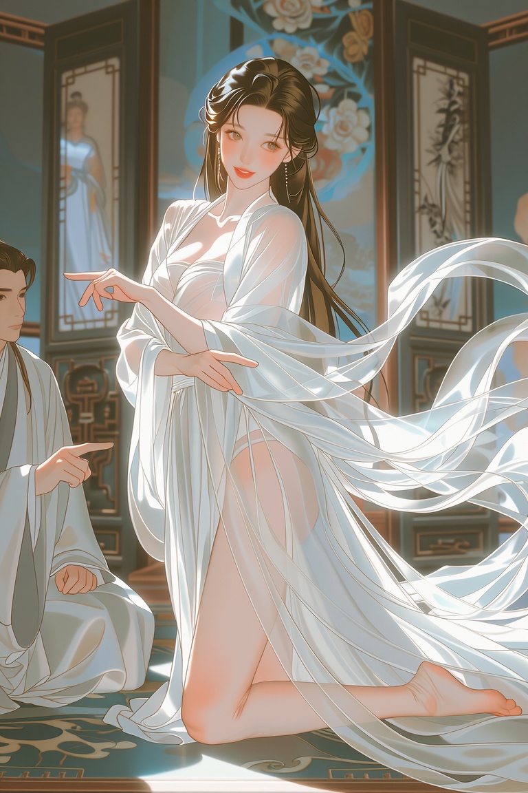 A highly seductive young East Asian classical beauty kneeling on the right side of the frame,  with exquisitely delicate f...