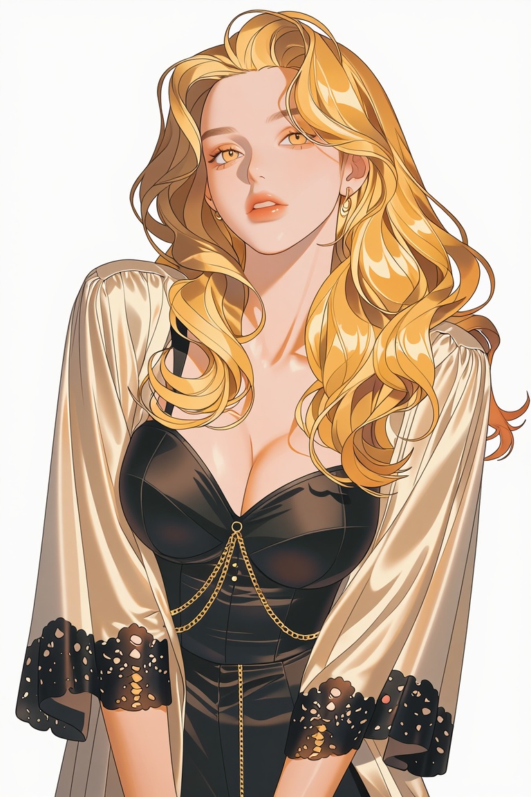Aurelia Voss,  wearing a champagne gold sheer open robe with black lace trim over a daring black micro-corset with gold ch...