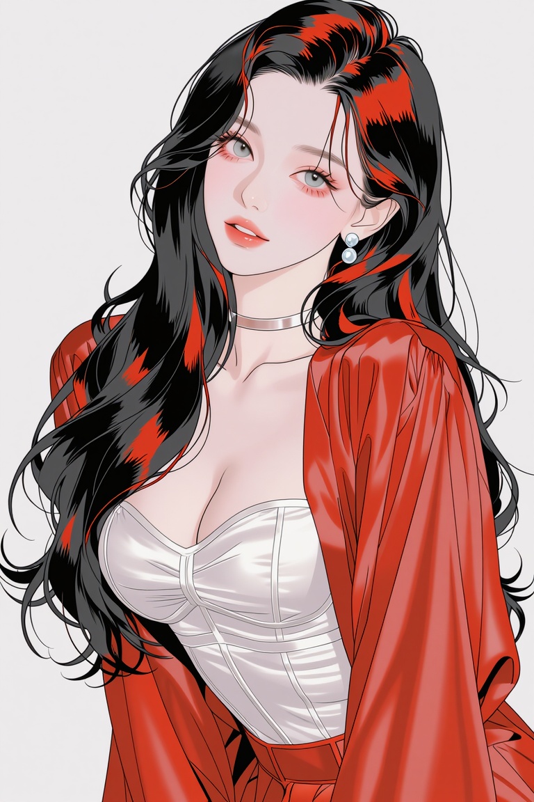 Seraphine,  wearing a fiery red satin open robe completely open revealing a sheer white lace corset that barely contains h...