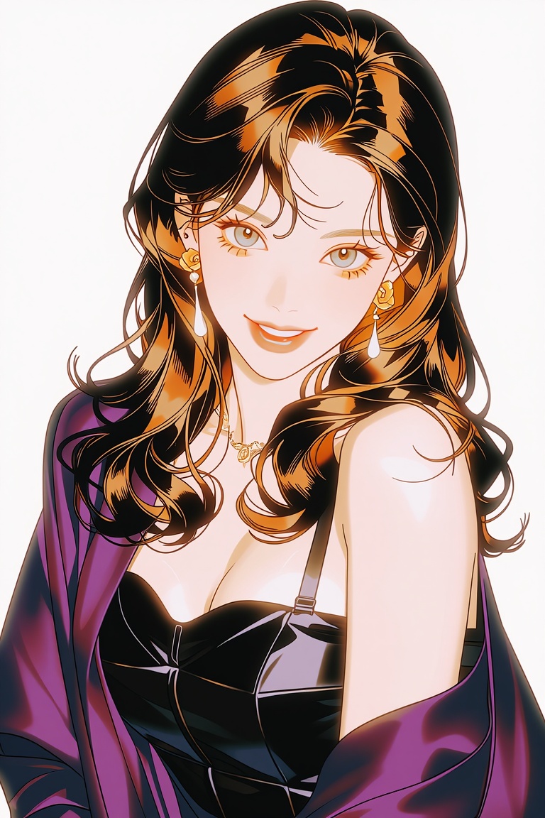 Lilithra,  in a deep purple ultra-sheer silk open robe slipping off one shoulder exposing a black strappy micro-corset,  i...