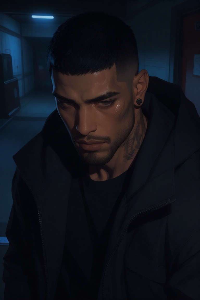 This digital illustration depicts a close-up of a muscular,  dark-skinned man with short,  dark blue hair and a neatly tri...