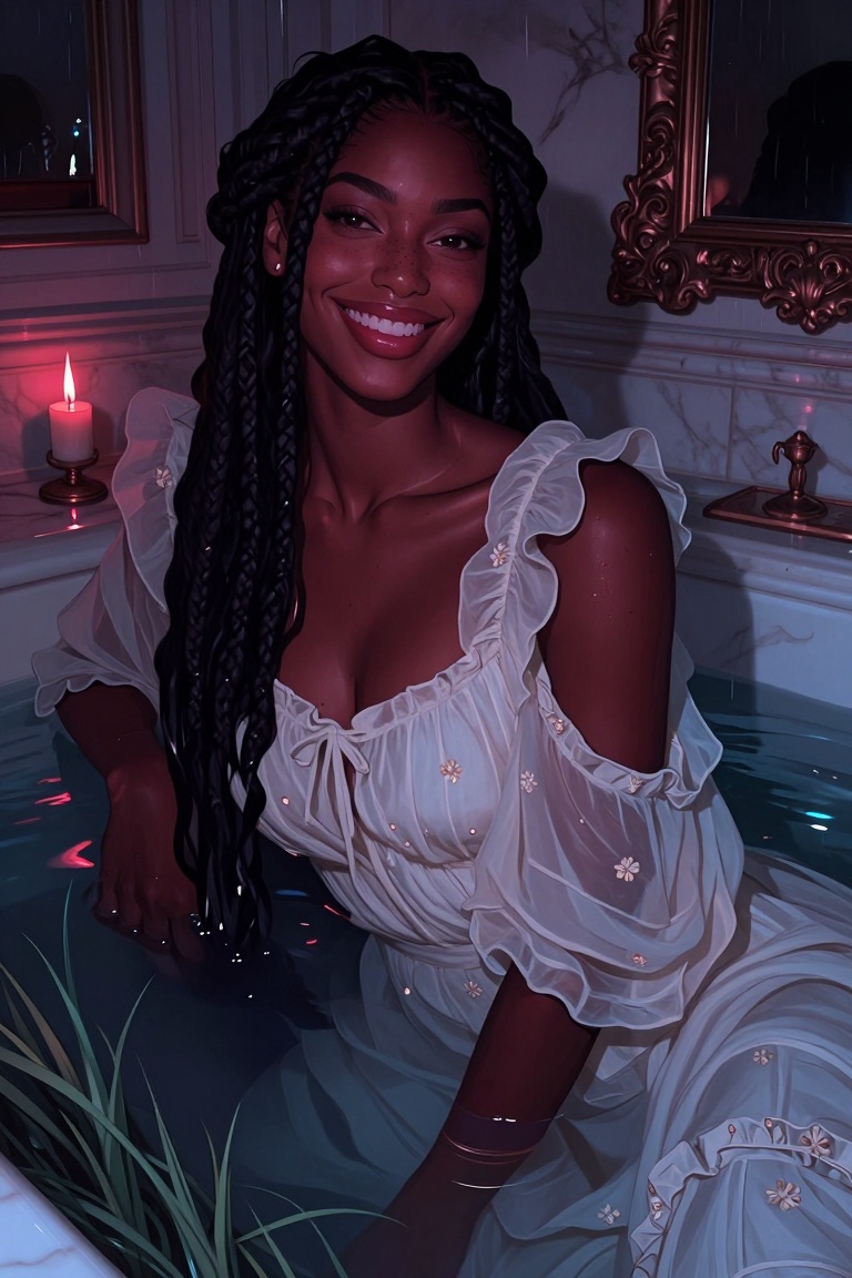 Candyniji,  Generate a portrait framed like a moody film still of an ***** woman with deep brown skin,  long braids on Ten...