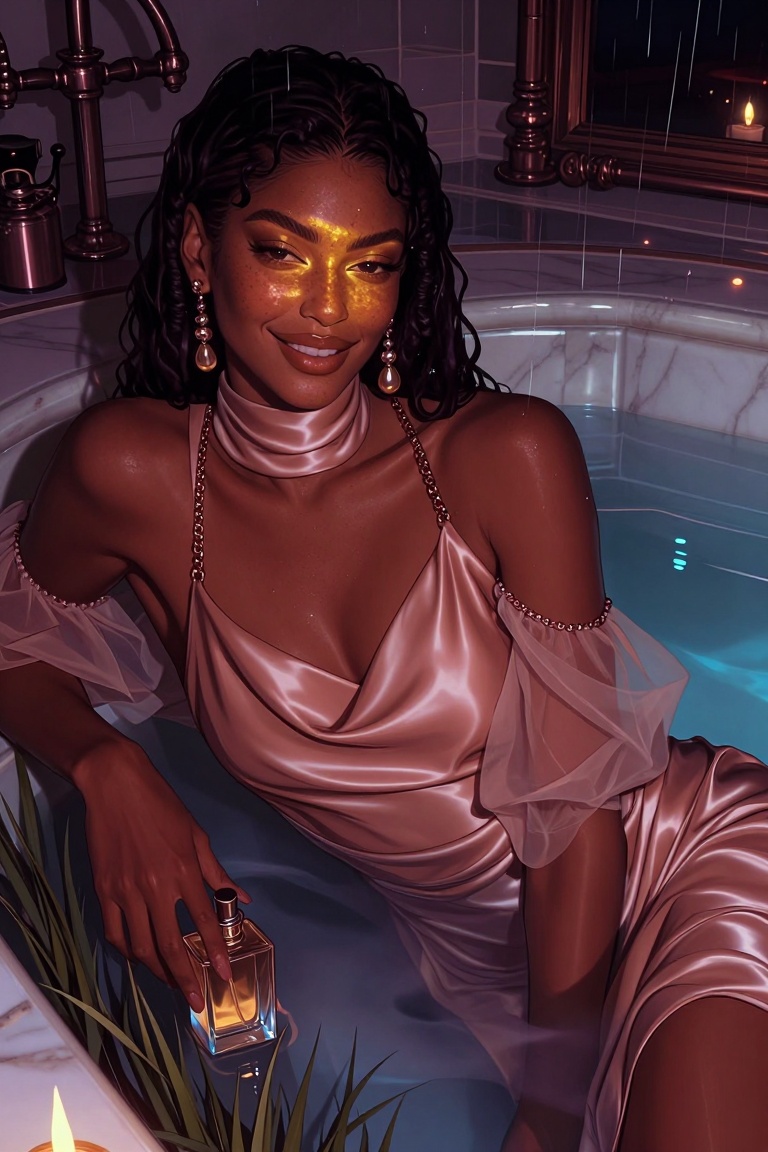 Candyniji,  Create a high-fashion editorial scene of an ***** woman with dark skin,  coiled hair on Tensor.Art