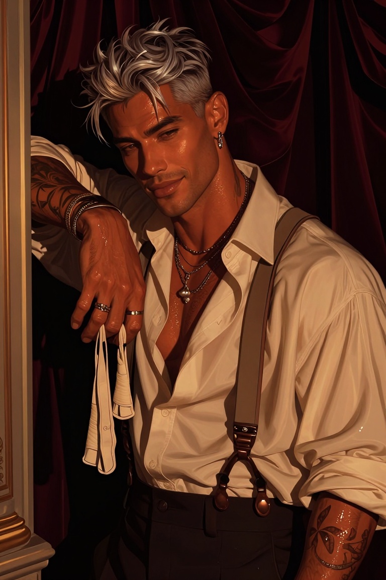 Candyniji,  Create a cinematic waist-up portrait of an ***** man with silver-blond hair and a sculpted athletic frame wear...