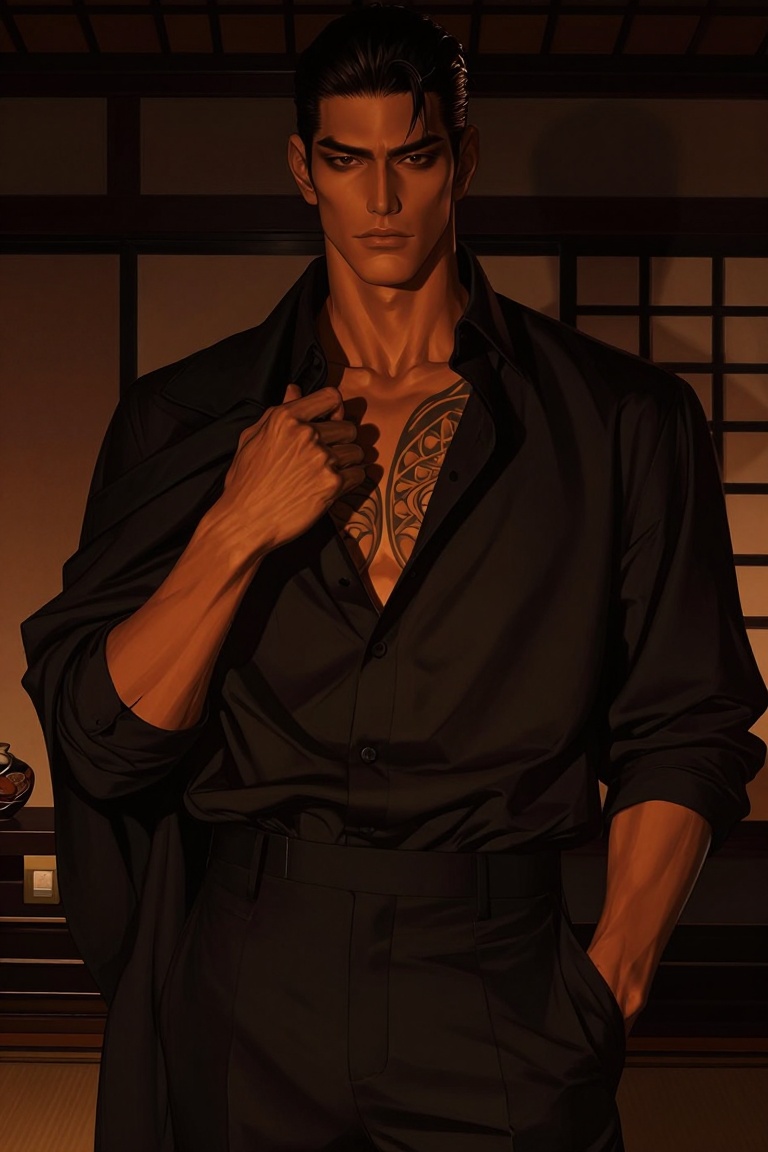 Candyniji,  An editorial-style semi-realistic digital painting of a tall Japanese man with sharp features and pale skin,...