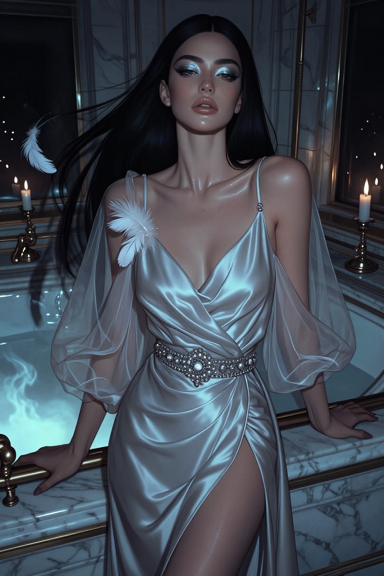 Candyniji,  Imagine a high-fashion editorial scene of an ***** woman with straight black hair,  moonlit skin on Tensor.Art