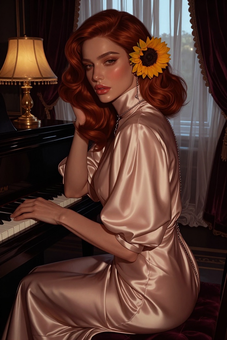 Candyniji,  Create a dramatic full-body fashion portrait of an ***** woman with auburn hair,  rose lips on Tensor.Art