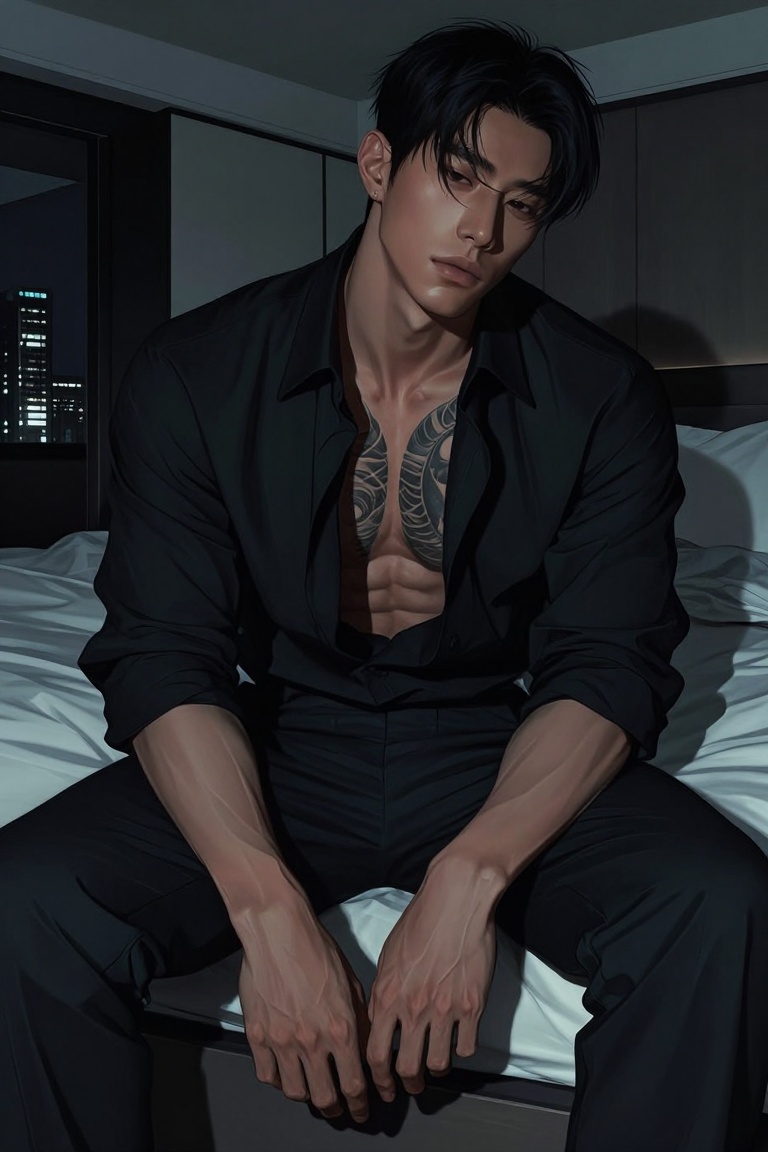 Candyniji,  An editorial-style semi-realistic digital painting of an Asian man with a lean,  muscular build on Tensor.Art