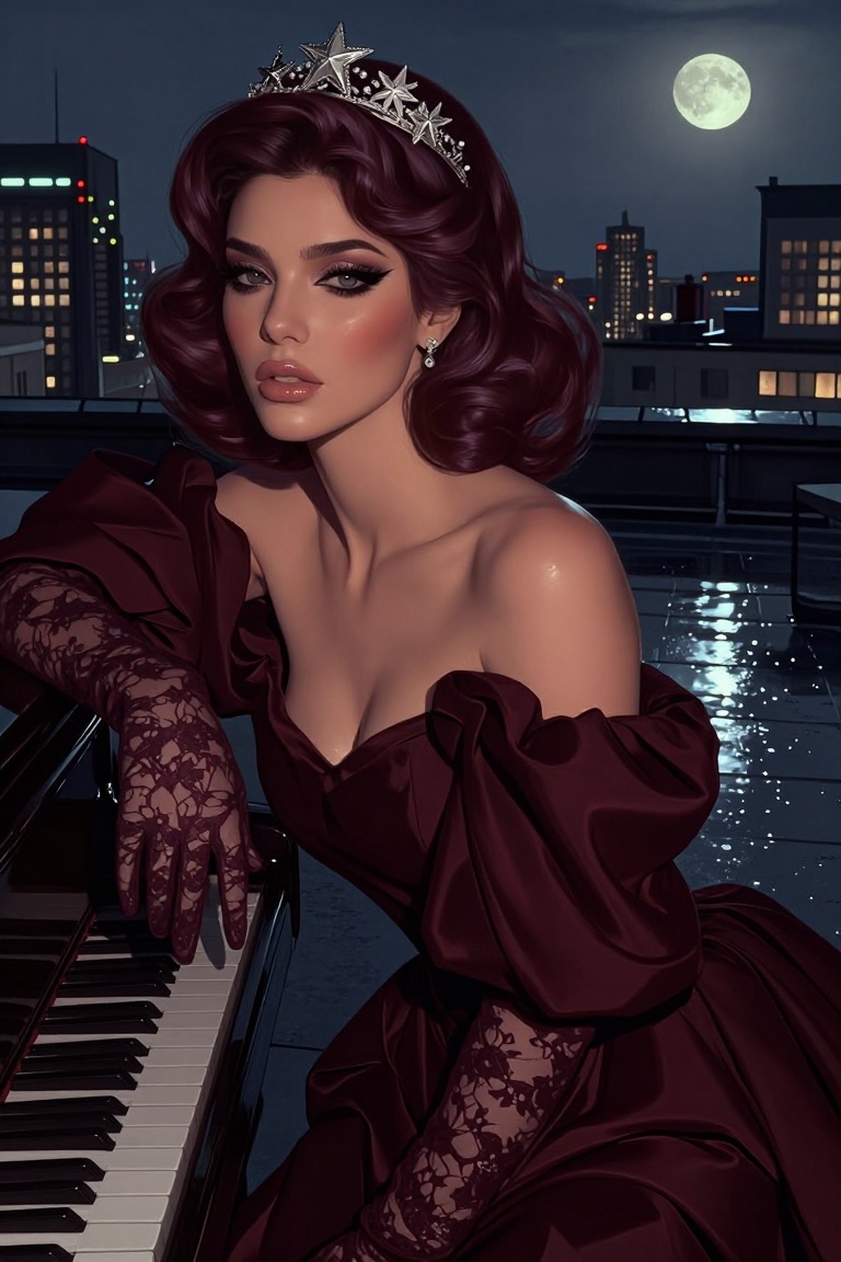 Candyniji,  Generate a painterly three-quarter portrait of an ***** woman with smoky plum hair and elegant feline eyeliner...
