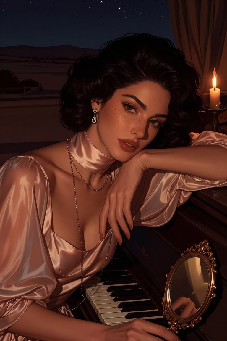 Candyniji,  Create an intimate close portrait of an ***** woman with thick black curls and elegant features wearing a blus...