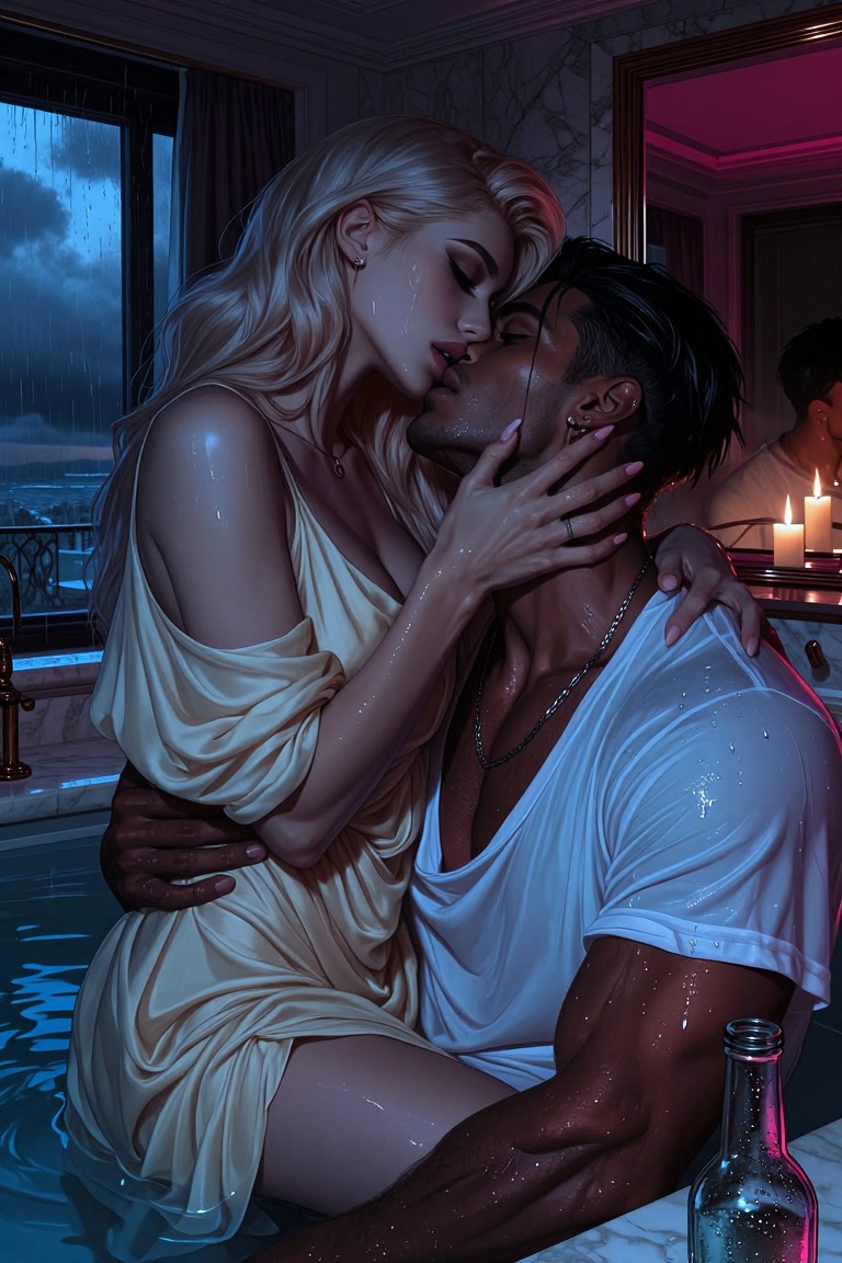 Candyniji,  Paint a romantic full scene with elegant depth of an ***** couple,  a porcelain-skinned woman and a bronze-ski...