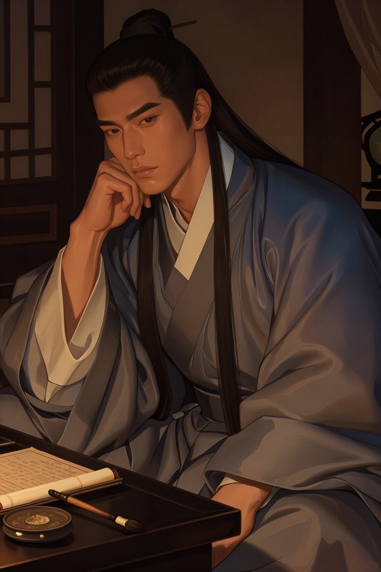 Candyniji,  An editorial-style semi-realistic digital painting of an East Asian emperor seated near a low table with tradi...