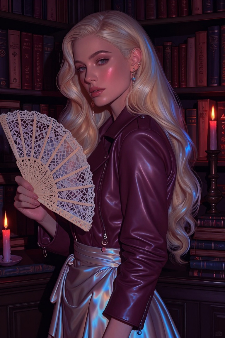 Candyniji,  Paint a painterly three-quarter portrait showing an ***** woman with long ivory-blonde hair and an ethereal fa...