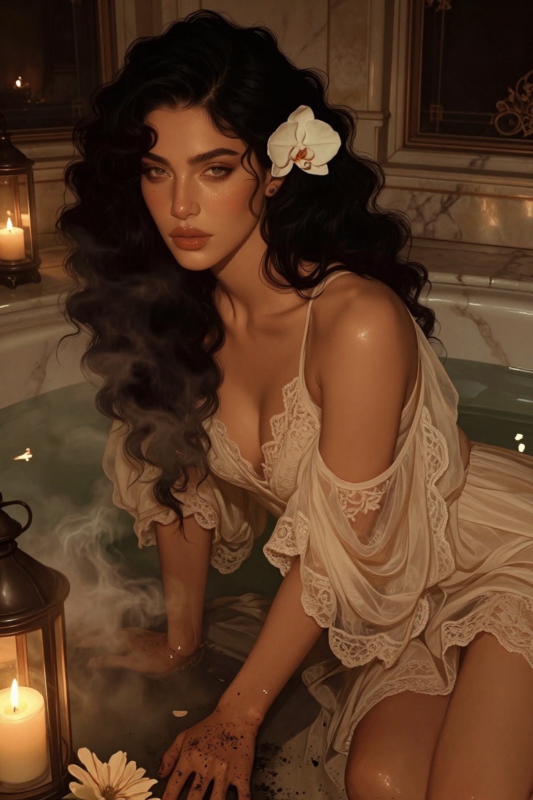 Candyniji,  Paint an intimate close portrait showing an ***** woman with thick black curls and elegant features inside a m...