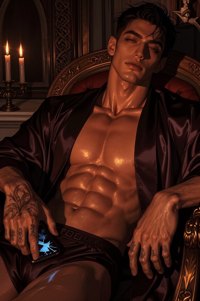 Candyniji,  Create an eye-level composition with soft depth of field of an ***** man with inked hands,  dark lashes on Ten...