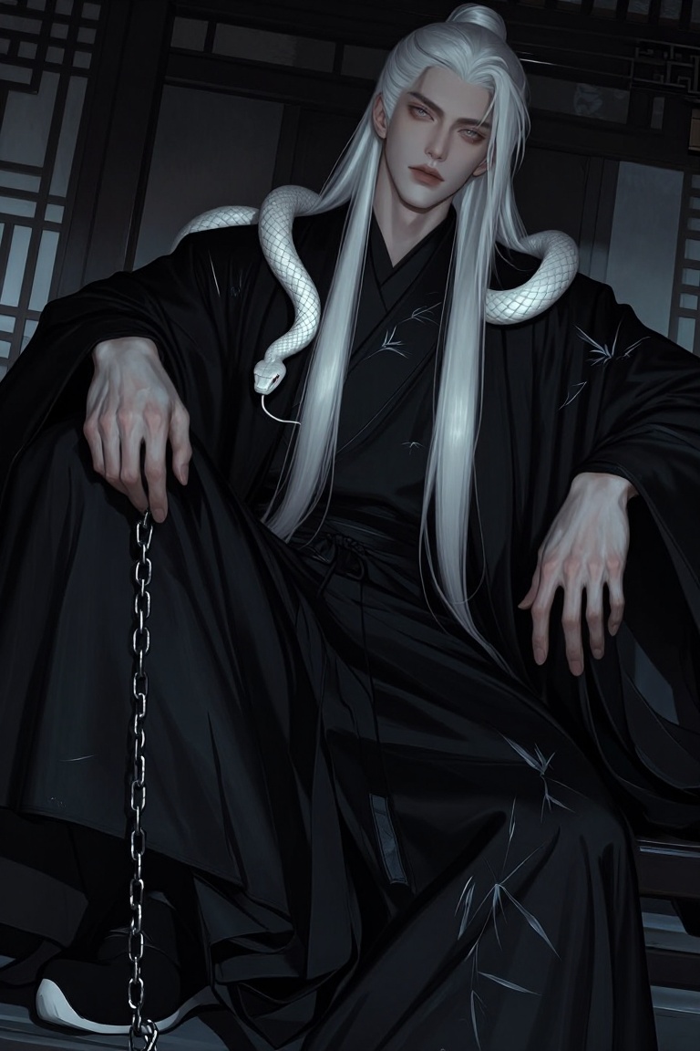 Candyniji,  An editorial-style semi-realistic digital painting of a tall East Asian man with striking albino features,  de...