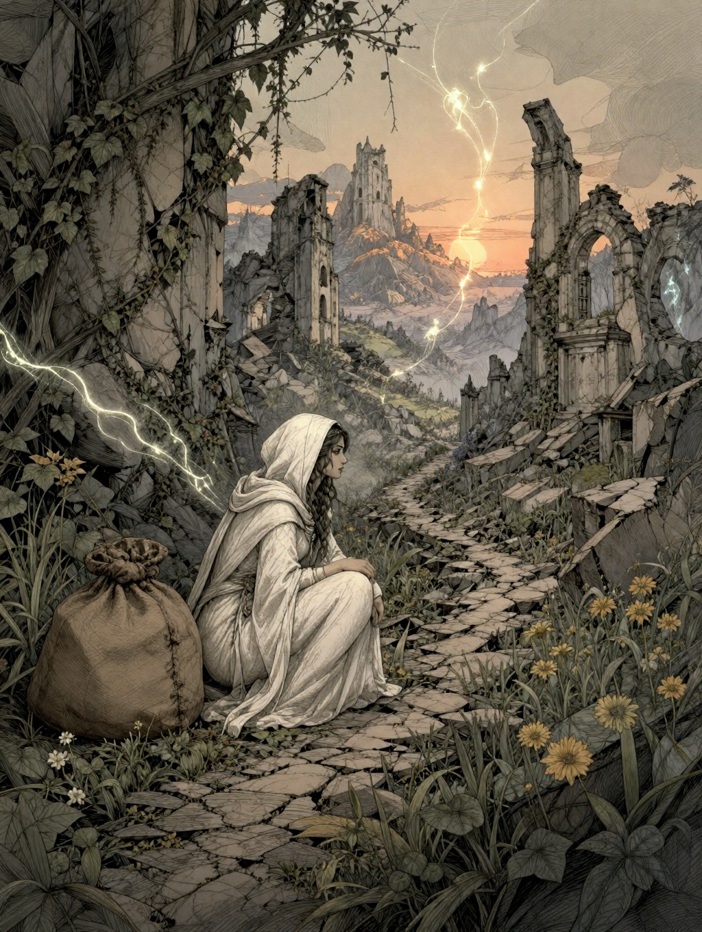 illustration of a mystical landscape faerie realm with a woman in white hooded robes crouched next to a sack on the side o...
