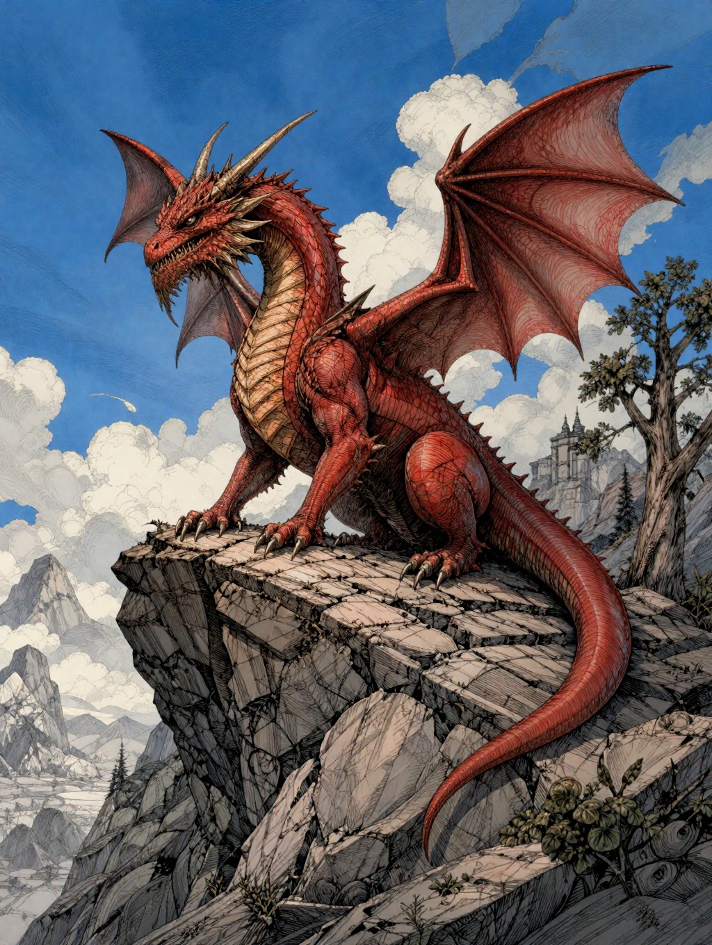 illustration of a red dragon perched on a rocky cliffside with a tree,  under a dramatic blue sky with clouds intricate cr...